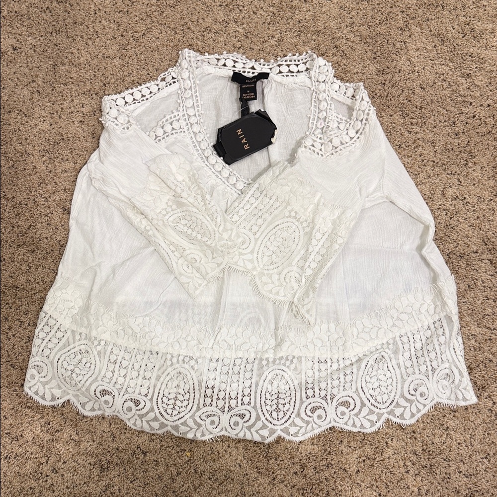 White Lace Crochet Trim V-Neck Women's Blouse